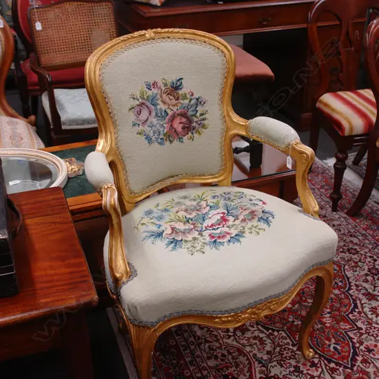 GILT FRAMED TAPESTRY OPEN ELBOW CHAIR