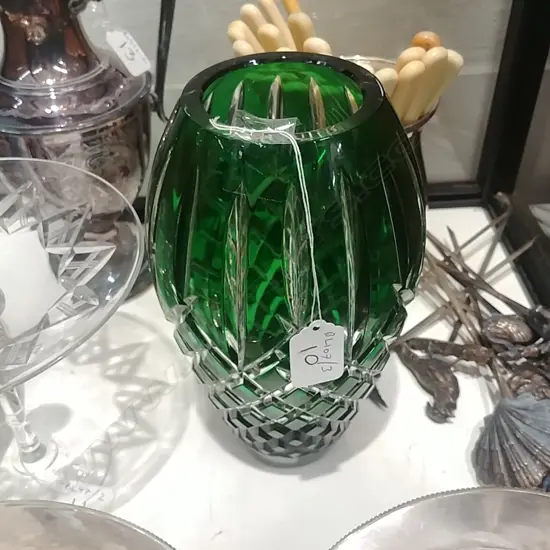GREEN OVERLAY CRYSTAL VASE