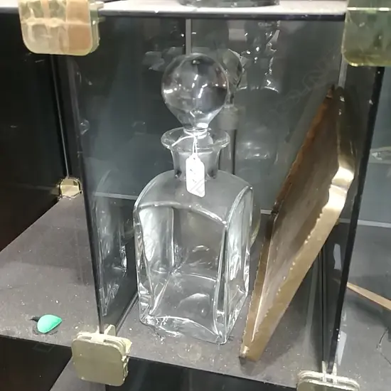 2 GLASS DECANTERS ON BRASS TRAY 