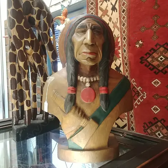 LARGE CARVED WOOD CHIEF'S BUST
