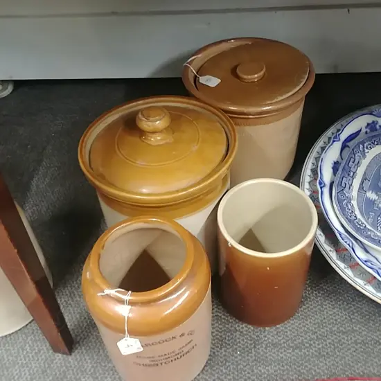 2 LIDDED CROCKS & 2 OTHERS