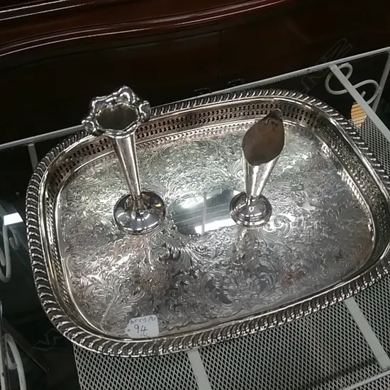 EPNS TRAY & 2 TULIP VASES 