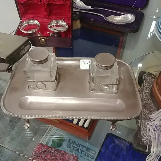 S/SILVER INKSTAND W GLASS BOTTLES - HALLMARKS