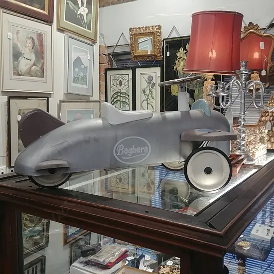 VINTAGE CHILDS RIDE-ON SILVER RACING CAR