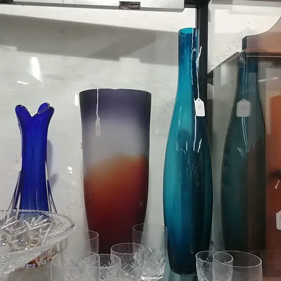 BLUE GLASS BOTTLE & GLASS VASE