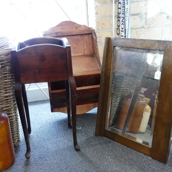 LG WALL SHELF, SM WOODEN WHATNOT & SQUARE MIRROR