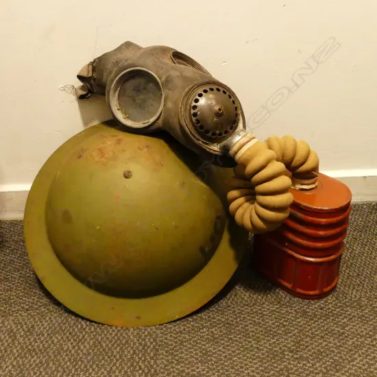 WWI CARBON GAS MASK & WWII HELMET