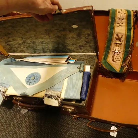 2 CASED MASON APRONS (1 WITH S/S BADGE) & MISC