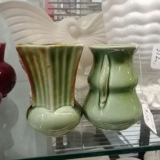 2 GREEN GLAZED CROWN LYNN VASES EX SLATER COLL.