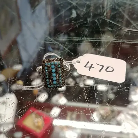 SILVER TURQUOISE AND MARCASITE RING