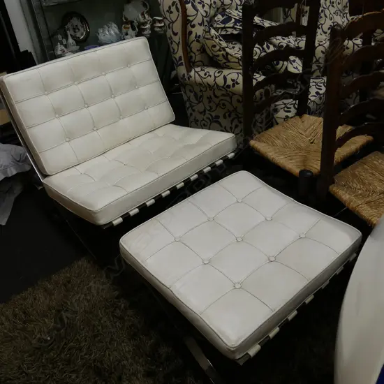 WHITE BARCELONA STYLE CHAIR W/ OTTOMAN