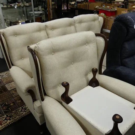 MAHOGANY FRAMED SOFA + ARMCHAIR