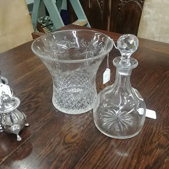 CRYSTAL VASE & SMALL DECANTER