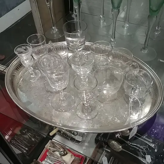 EPNS GALLERY TRAY LOT OF WINE GLASSES 