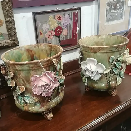 PAIR OF MAJOLICA FLORAL URNS