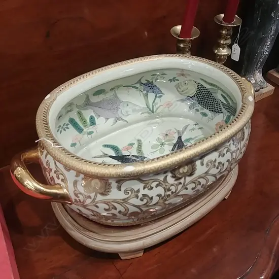 GOLD CHINESE JARDINIERE ON STAND