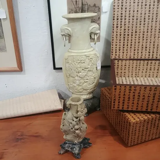 CARVED SOAPSTONE VASE + SML VASE