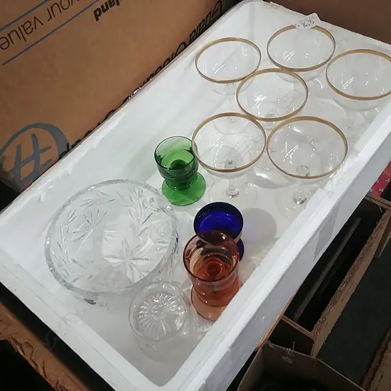 BOX CHAMPAGNE GLASSES , W/W GLASS CANDLEHOLDERS ..ETC