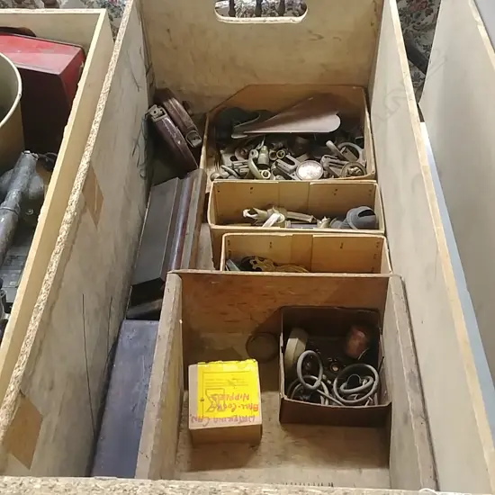 BOX BRASS FITTINGS SHARPENING STONES, ETC.