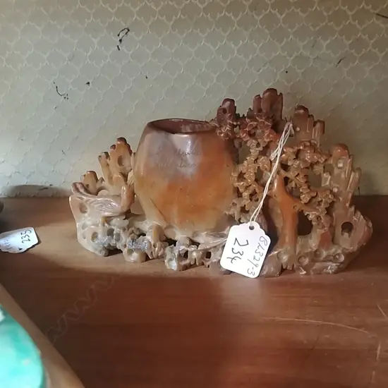 CHINESE SOAPSTONE CARVED VASE BIRDS BLOSSOM