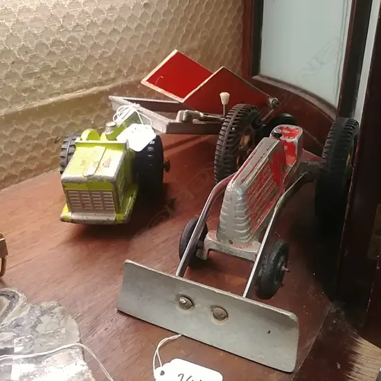 TIN TOY TRACTOR + TOWING TRUCK 