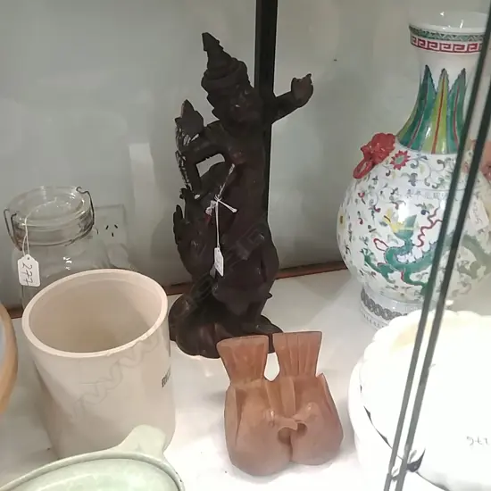 CARVED ORIENTAL FIGURE + WOODEN BIRDS