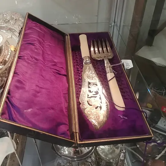 CASED IVORY HANDLED S/S BANDED FISH KNIFE + FORK