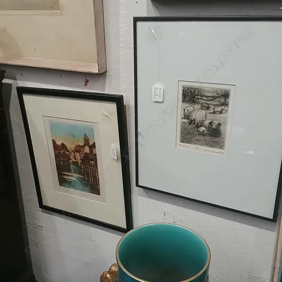 FRAMED ETCHING PASTURE 16/75 +A COLOURED ENGRAVING 