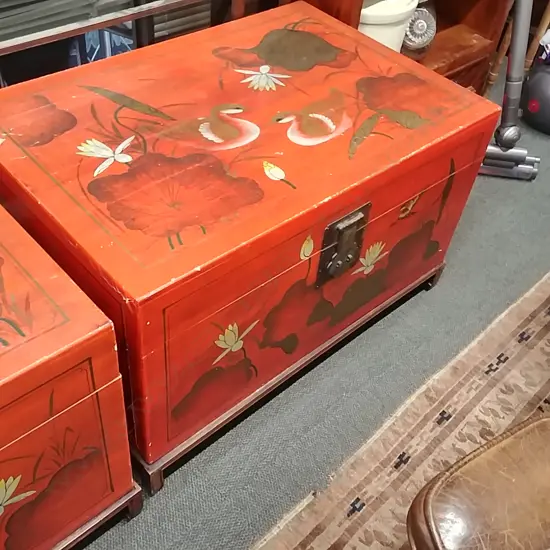 RED LACQUER CHEST ON STAND