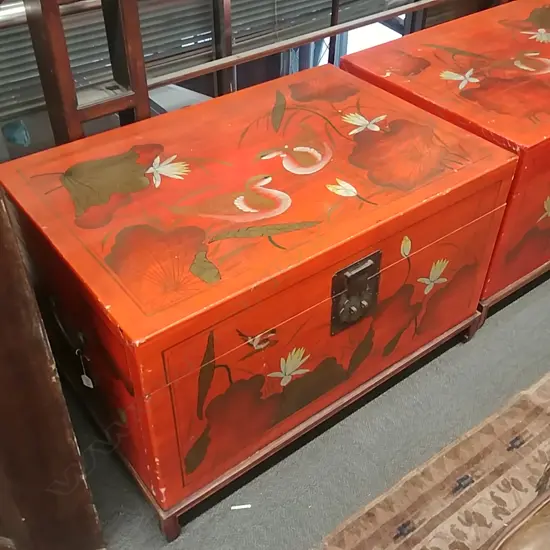 RED LACQUER CHEST ON STAND
