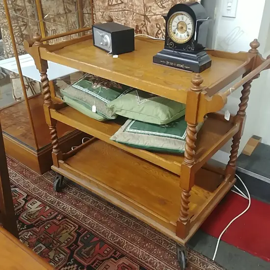 LARGE OAK BARLEY TWIST TEA TROLLEY