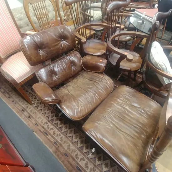 EAMES COPY 670 BROWN LEATHER ARMCHAIR+OTTOMAN