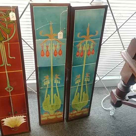 TWO SETS OF FIVE MOUNTED NOUVEAU TILES AF