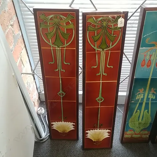 TWO SETS OF FIVE MOUNTED NOUVEAU TILES AF