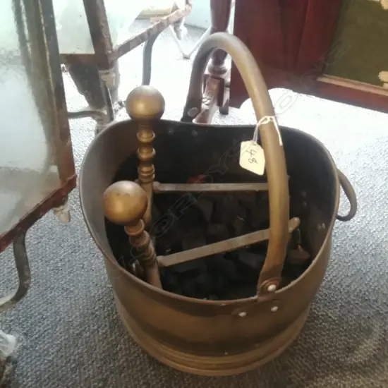 BRASS COAL BUCKET & FIRE TOOLS 