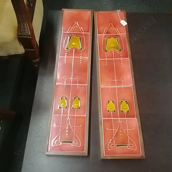 TWO SETS OF FIVE MOUNTED NOUVEAU TILES AF