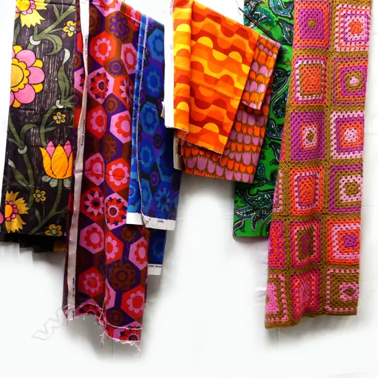 8 BRIGHT 1960 ASST FABRICS; 1PR CURTAINS, CROCHET BEDSPREAD