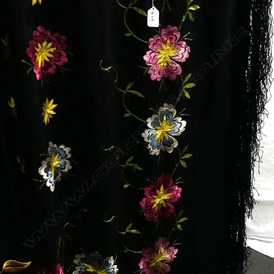 1920 EMBROIDERED BLACK/PINK/BLUE SILK SHAWL 