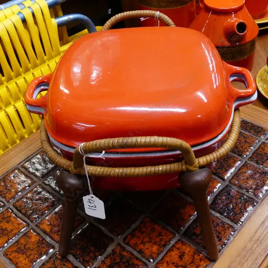 ORANGE ENAMEL CASSEROLE DISH & STAND