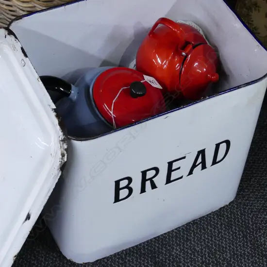 ENAMEL TEA POTS;COLANDER;BREAD BIN ETC.