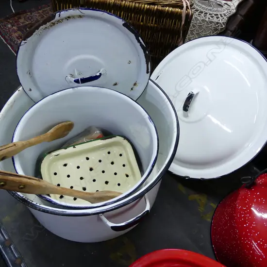 2 WHITE ENAMEL POTS ; KITCHEN SOAP DISH ETC