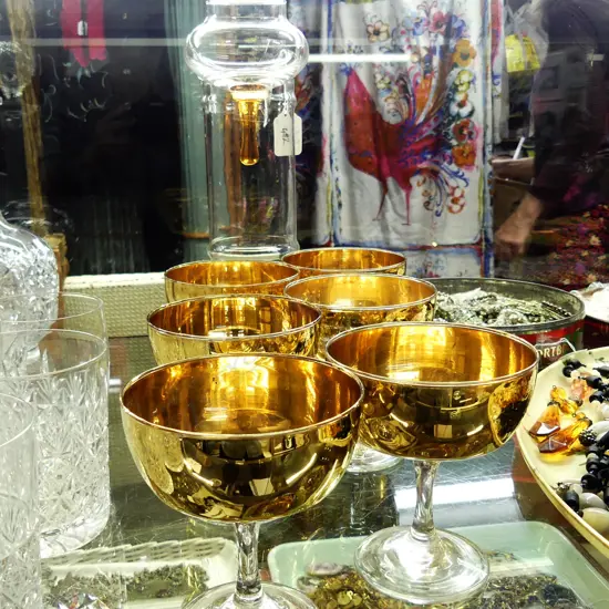 6 GOLD RIM COCKTAIL GLASSES; LIDDED JAR