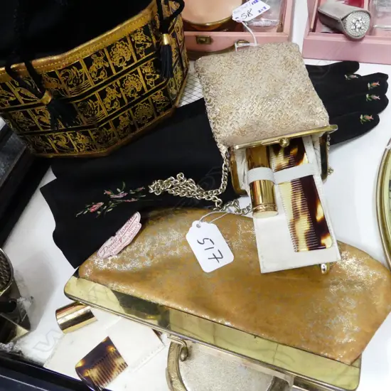 PARIS SUEDE EVENING GLOVES; 3 EVENING BAGS;  