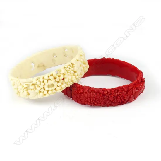 2 VINTAGE FAUX IVORY BANGLES; WHITE & RED