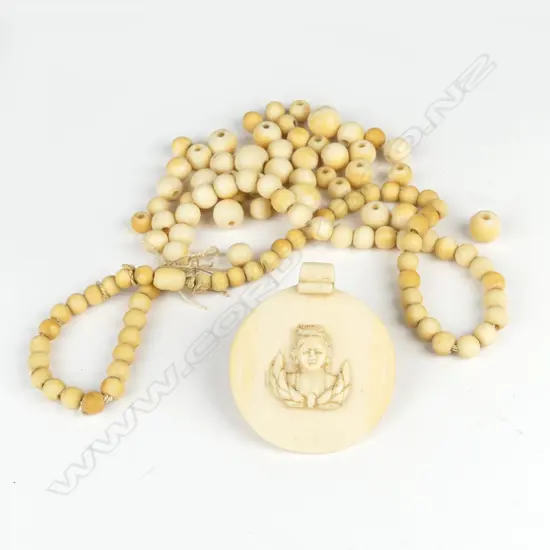 OLD IVORY BEAD NECKLACE ELEPHANT DISC PENDANT A.F