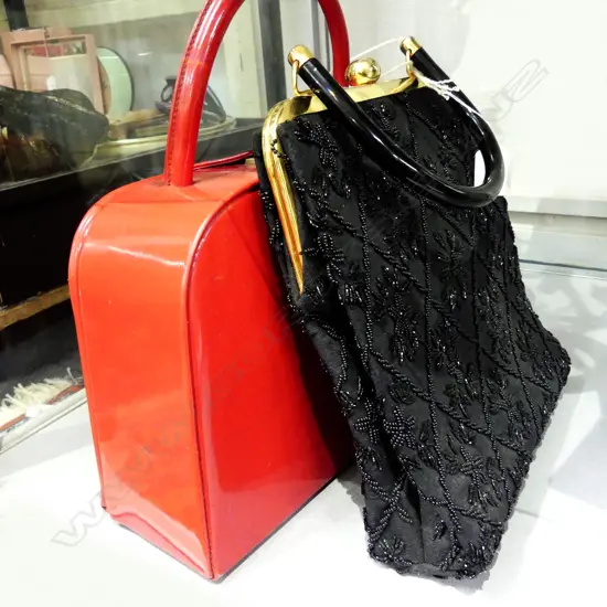 1960  RED PATENT BAG; BLACK BEADED EV. BAG