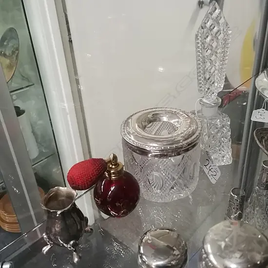 3 GLASS PERFUME BOTTLES & HAIR TIDY