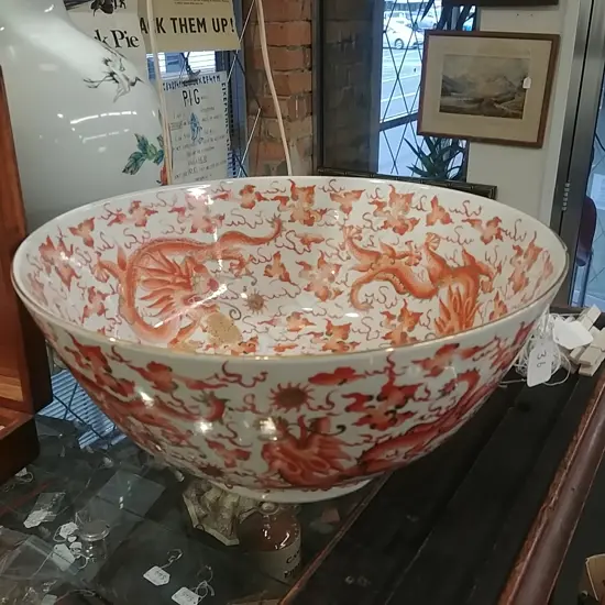 A LGE OLD CHINESE PUNCH BOWL CHIP TO RIM