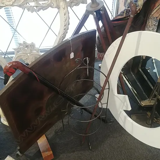 IRON PLATE RACK & TWO WALKING STICKS