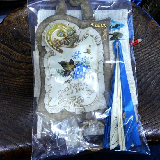 VINTAGE EMBROIDERY, CARD ON STAND, FAN, CUFFLINKS..